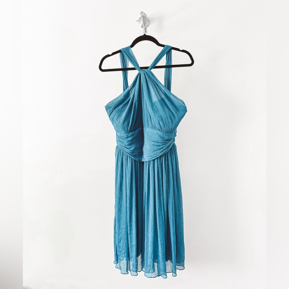 Beautifuly Halter Twist Neck Holiday Textured Chiffon Mini Dress Teal Blue